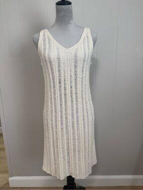 Ivory Cream Pointelle Knit Midi Dress V-Neck Crochet Revolve Style